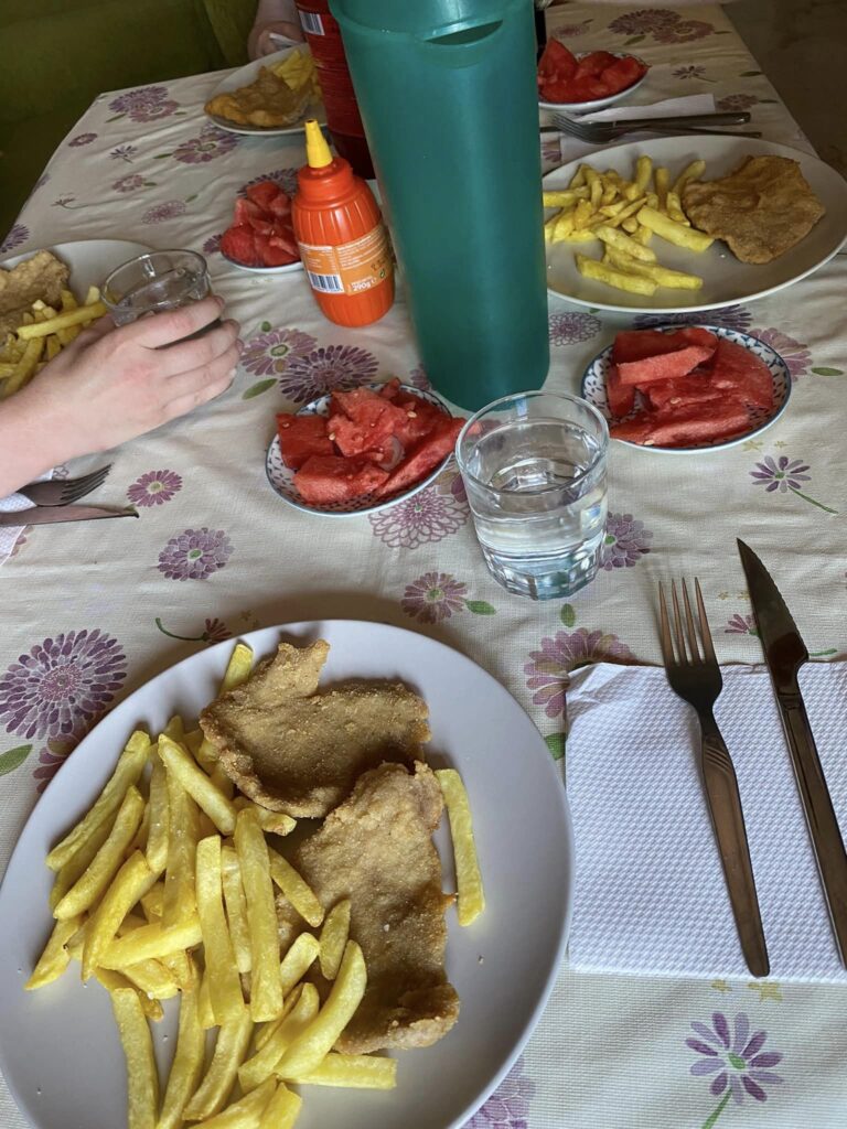 Pork, french fries and watermelon for lunch